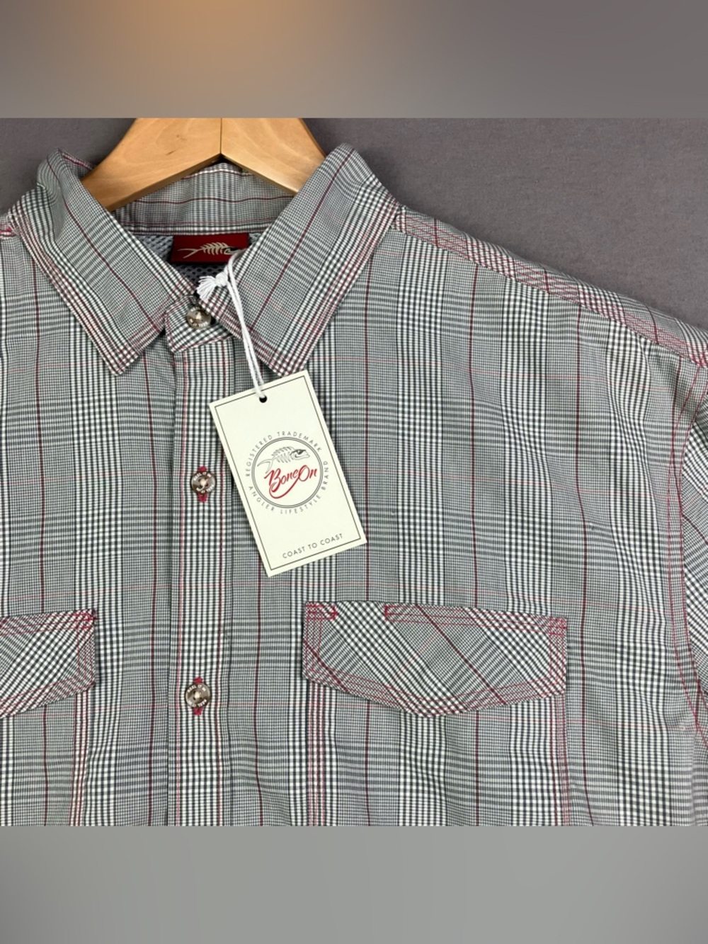 Bone On Supply Co. Tech Shirt Men’s Size L Button Down Collared Fishing Gray NWT